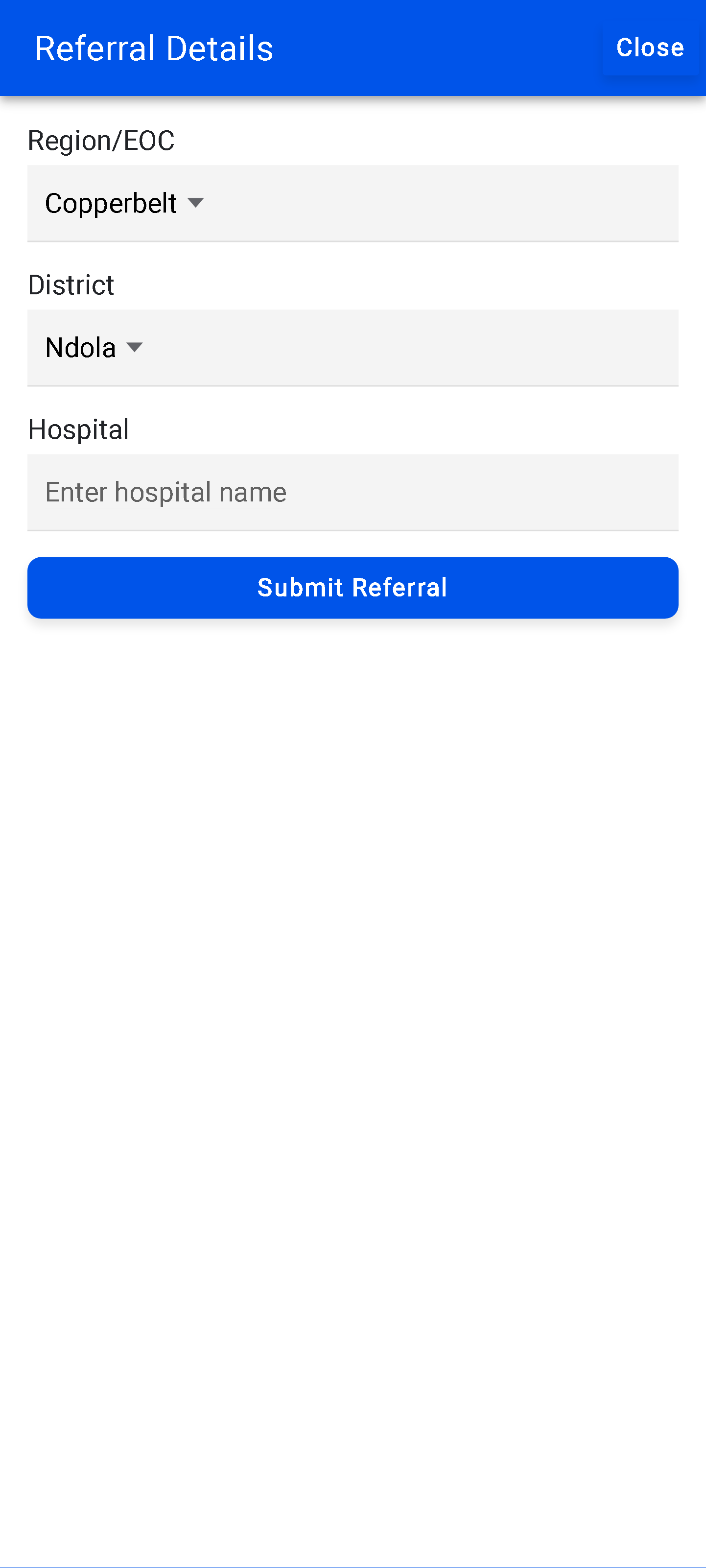 Health facility referral (secondary) — Referral details & handover