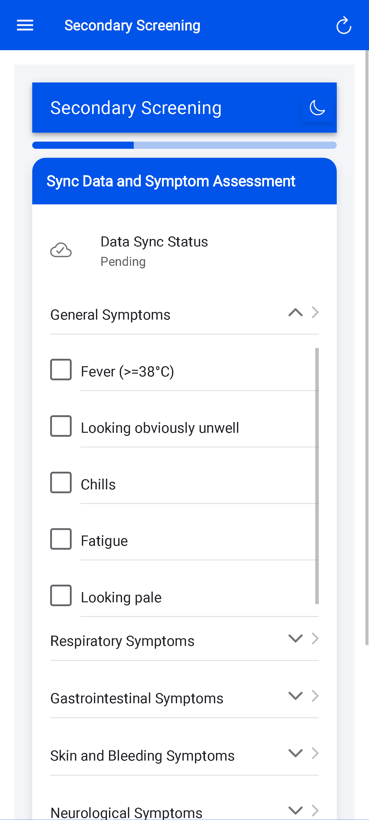 Secondary screening form — Symptoms, exposure, travel context